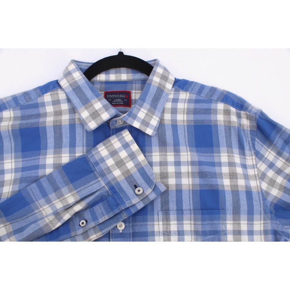 UNTUCKit Shirt Mens Large Fiano Blue Gray Plaid Button Up Long Sleeve‎